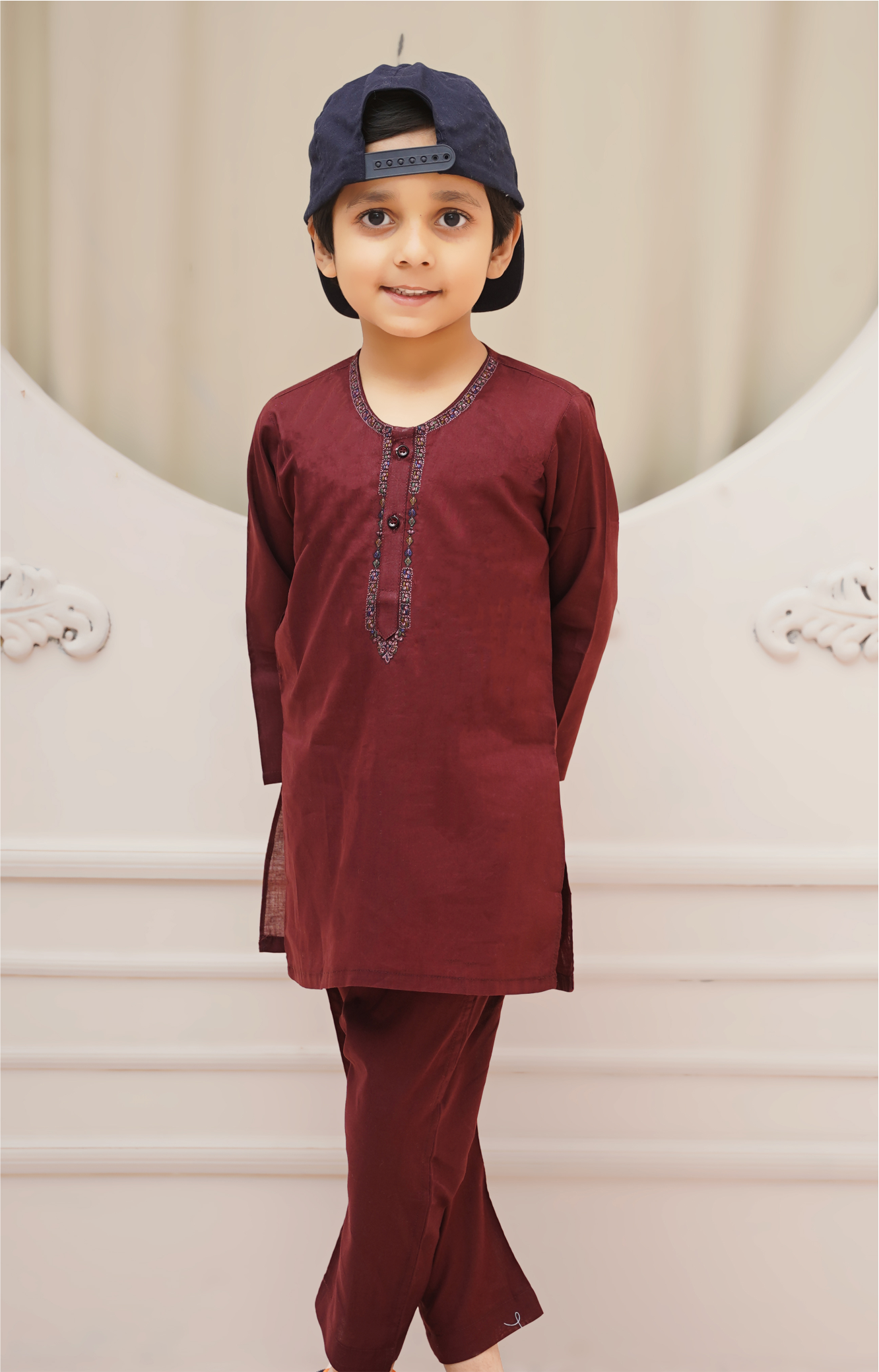Kid's Maroon Embroidered Kameez Shalwar Set
