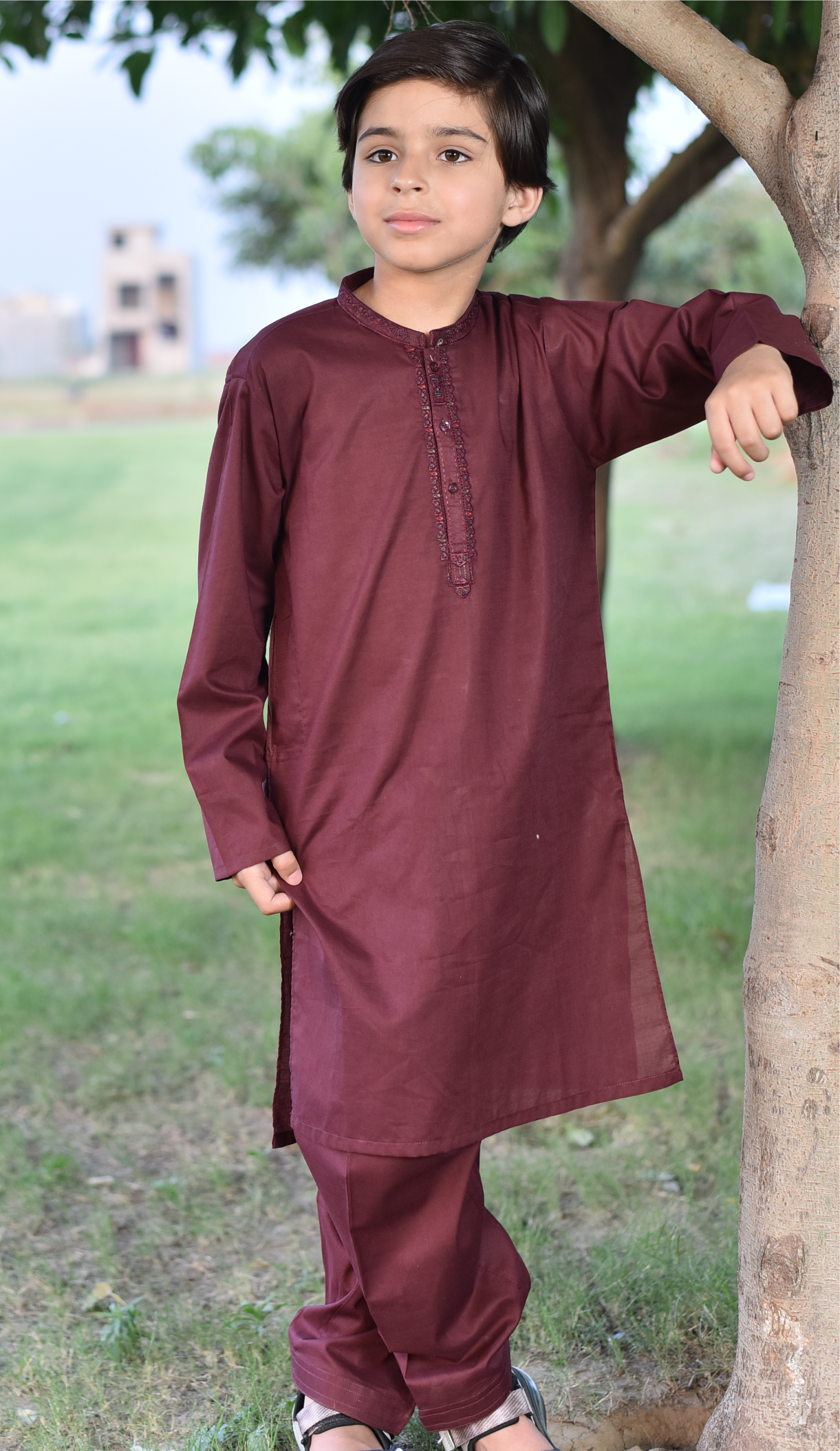 Boys' Maroon  Embroidered Kurta Shalwar Set