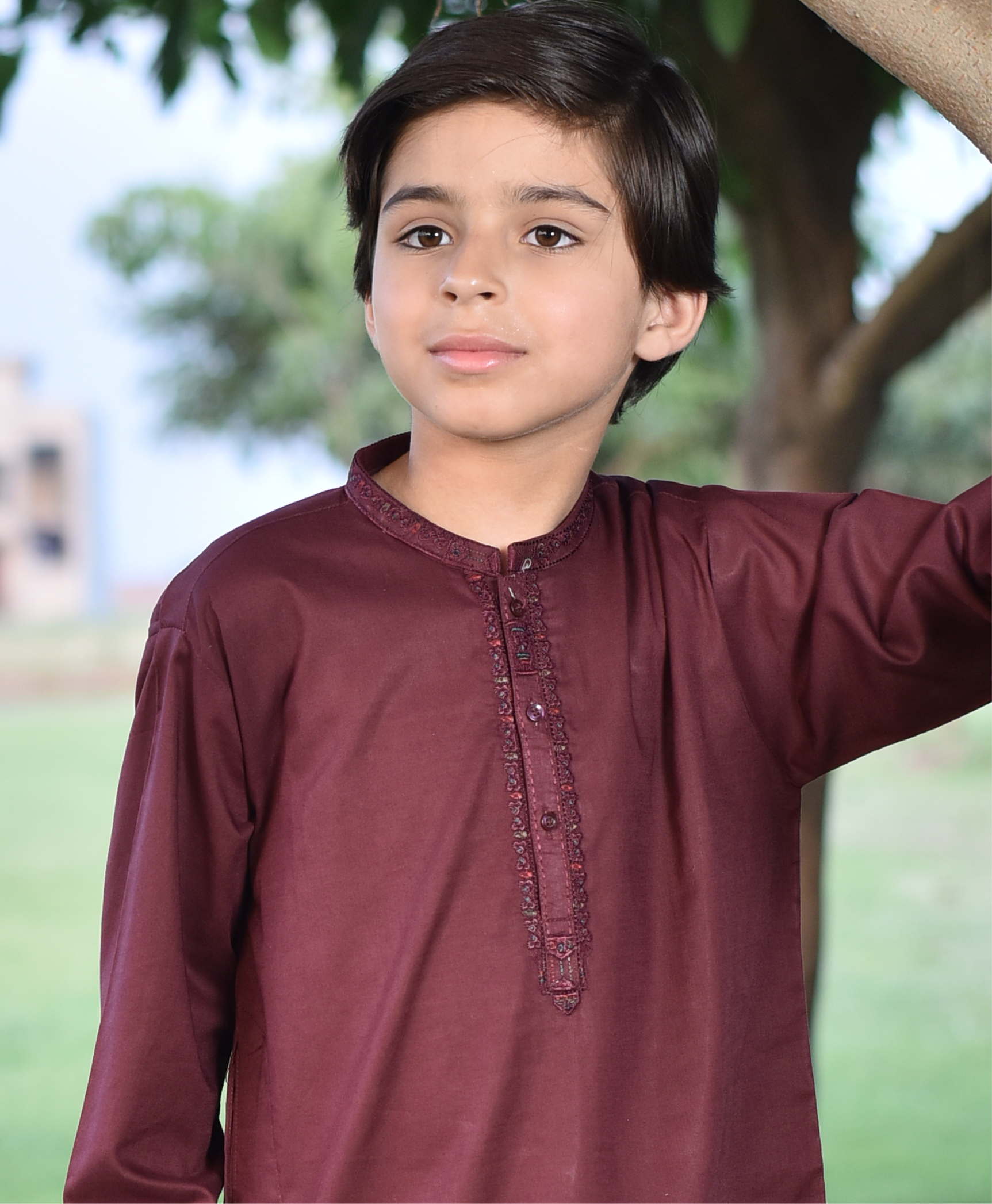 Boys' Maroon  Embroidered Kurta Shalwar Set