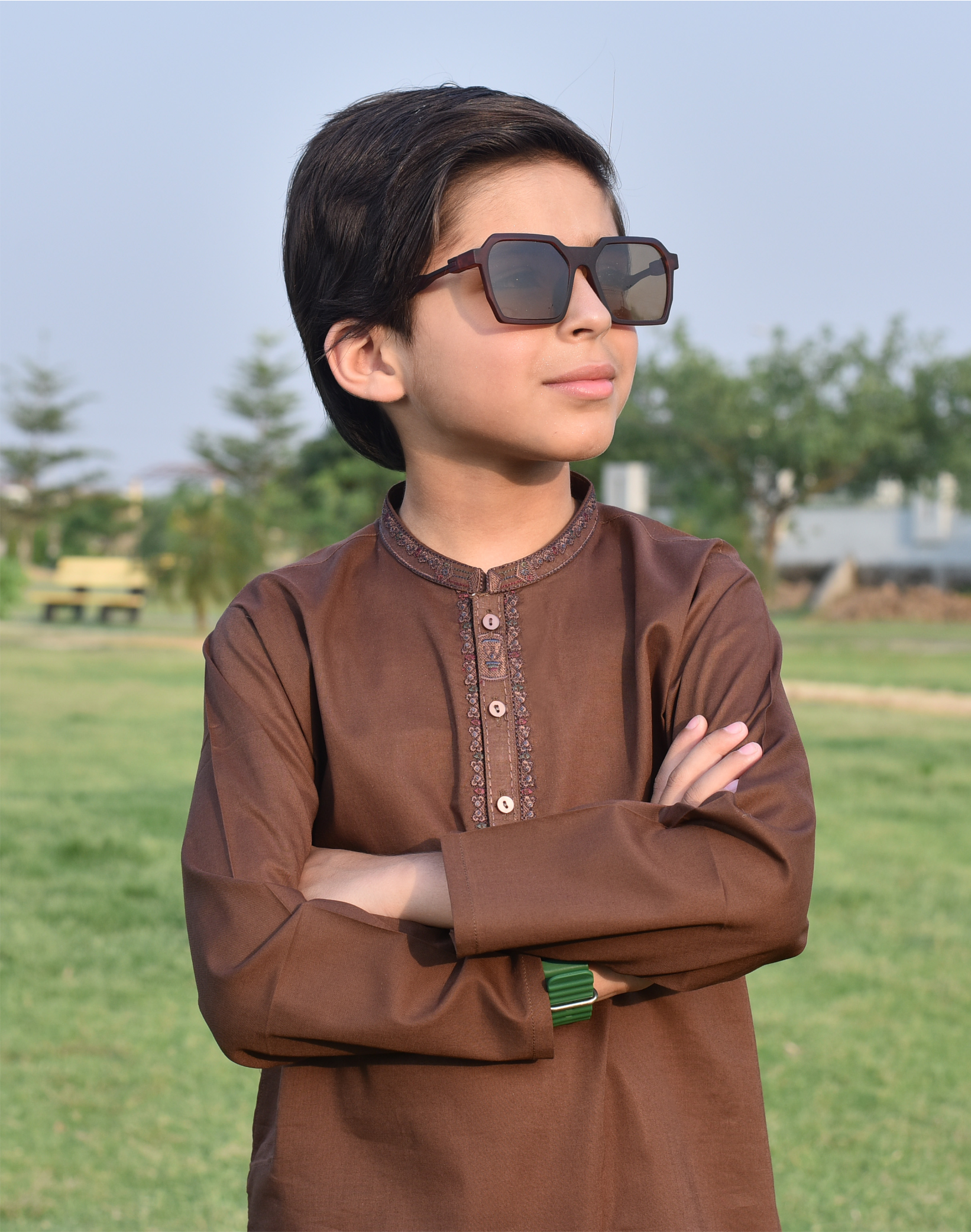 Boys' Brown Embroidered Kurta Shalwar Set