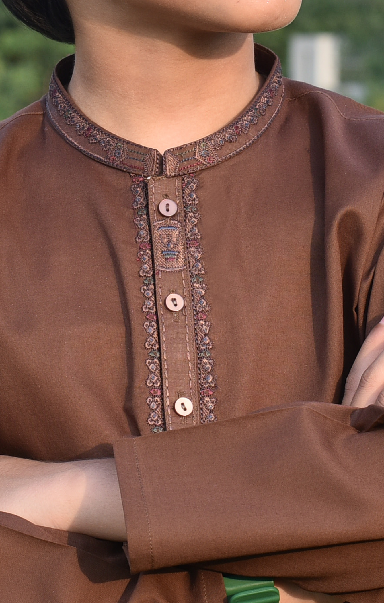 Boys' Brown Embroidered Kurta Shalwar Set