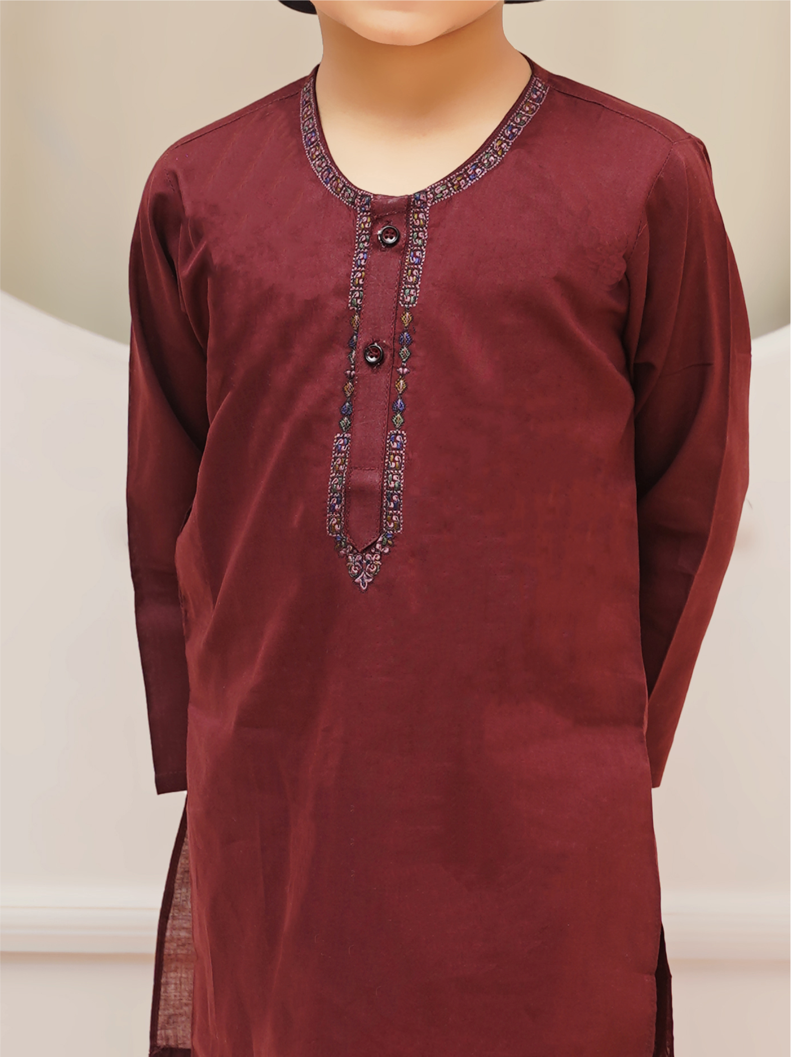 Kid's Maroon Embroidered Kameez Shalwar Set