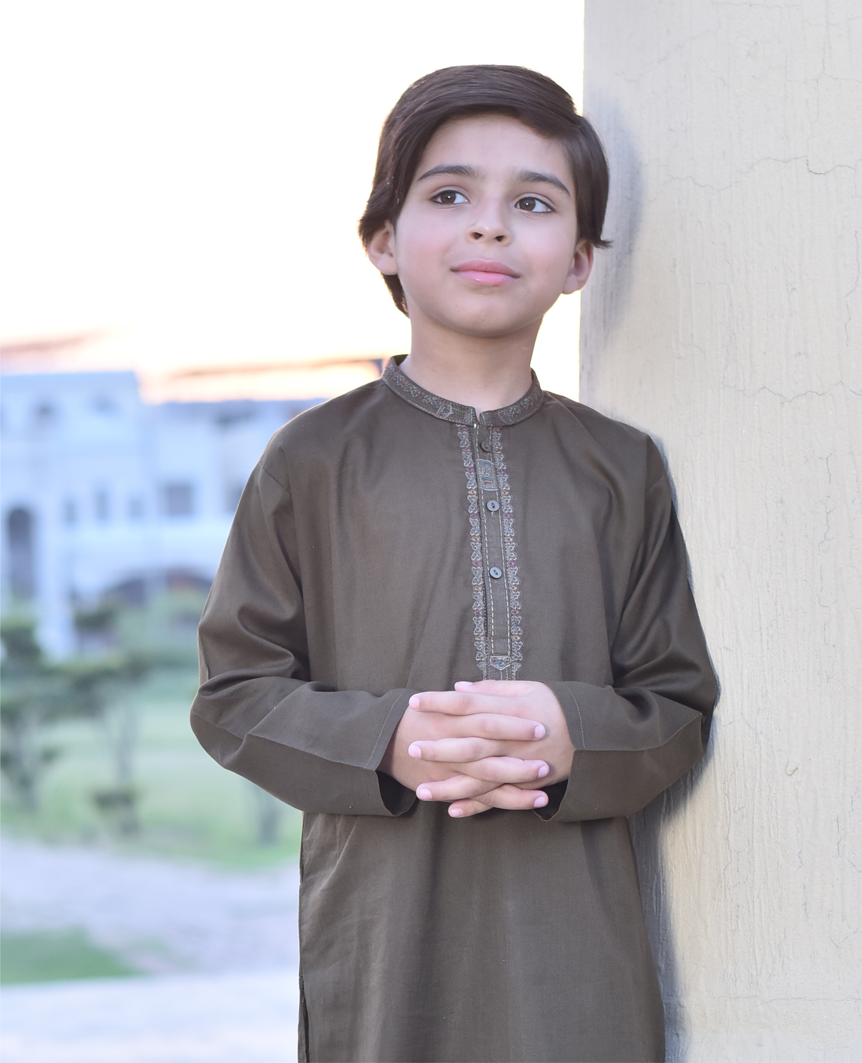Boys' Light Olive Embroidered Kurta Shalwar Set