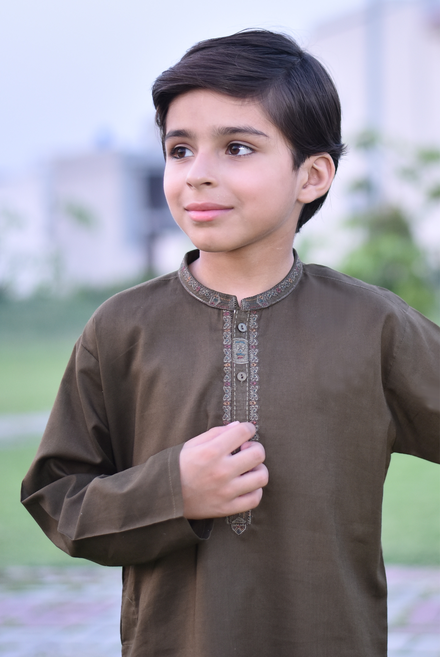 Boys' Light Olive Embroidered Kurta Shalwar Set